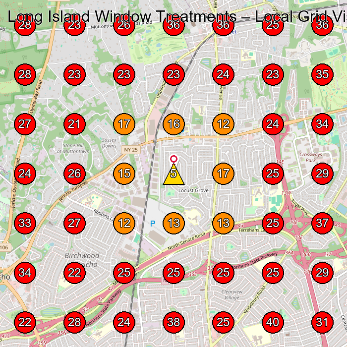 Long Island Window Treatments GeoGrid visibility map for Exercise Equipment Store in Woodbury